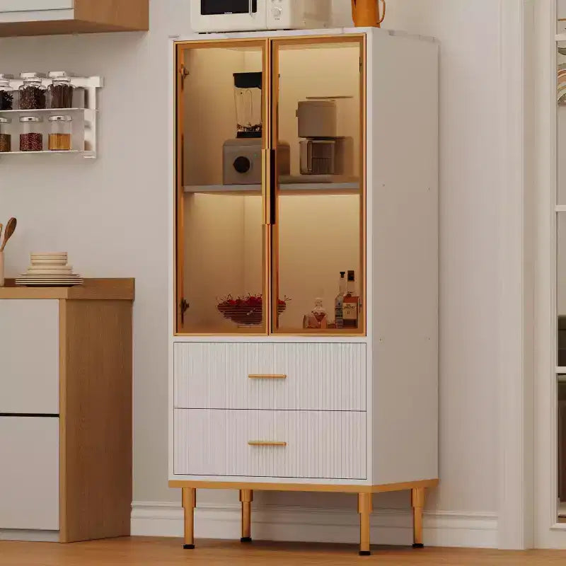 DobleePy 71 Meuble de rangement de cuisine avec lumières LED, station de charge intégrée, étagères réglables et support pour micro-ondes, rangement moderne sans poignée