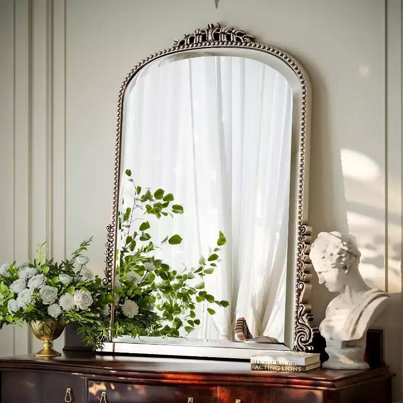 32x24 Arched Mantle Mirror, Arched Beaded Mirror with Metal Frame, Decorative Bathroom Vanity Mirror for Entryway, Bedroom, or Living Room