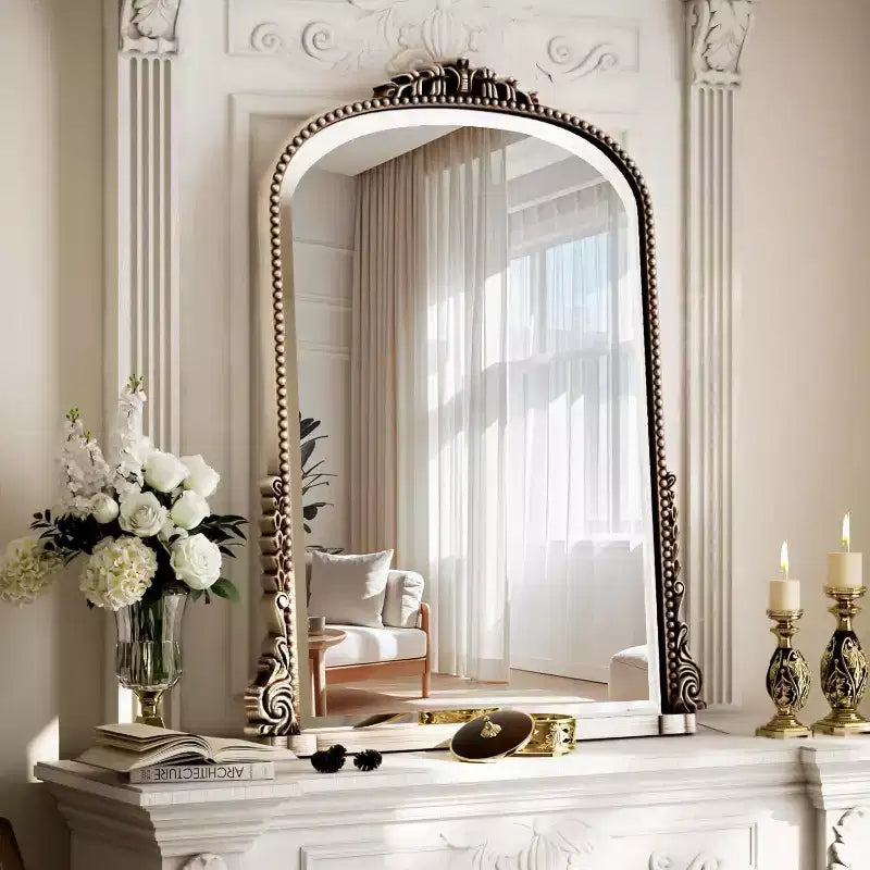 Miroir de cheminée arqué 32x24, miroir perlé arqué avec cadre en métal, miroir de salle de bain décoratif pour l'entrée, la chambre ou le salon