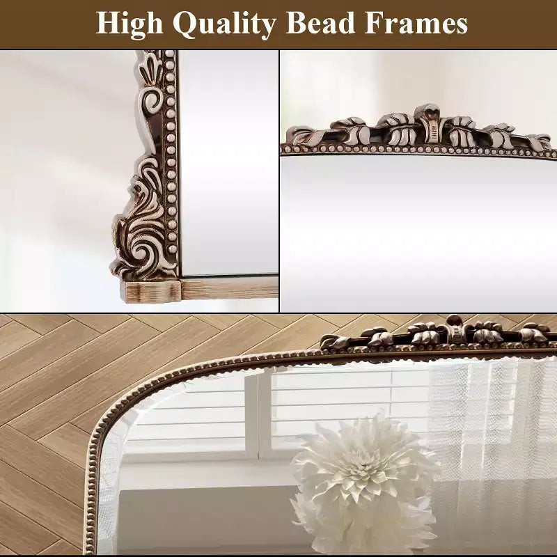Miroir de cheminée arqué 32x24, miroir perlé arqué avec cadre en métal, miroir de salle de bain décoratif pour l'entrée, la chambre ou le salon