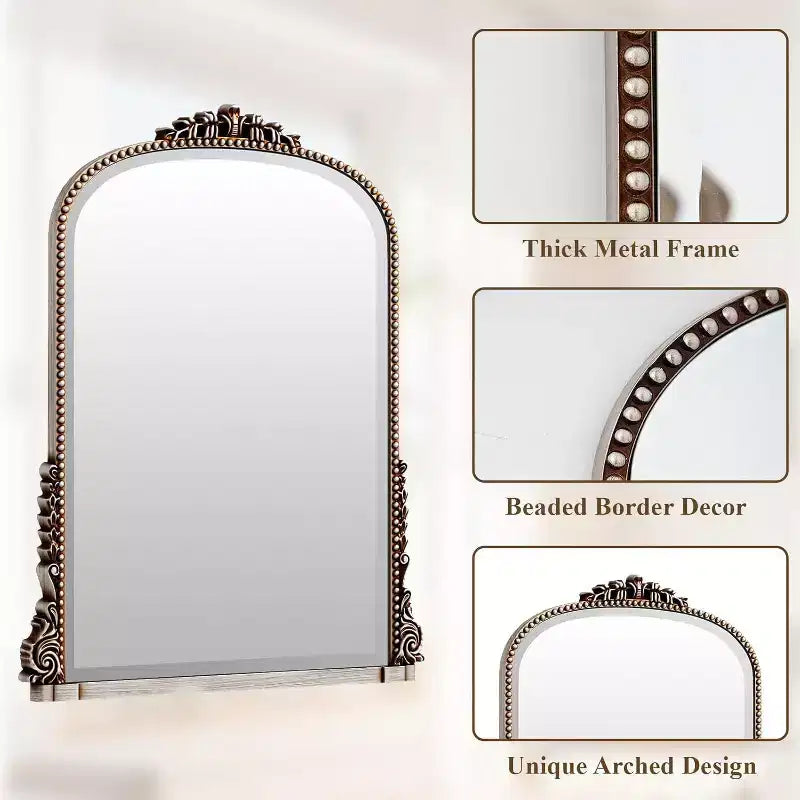 Miroir de cheminée arqué 32x24, miroir perlé arqué avec cadre en métal, miroir de salle de bain décoratif pour l'entrée, la chambre ou le salon
