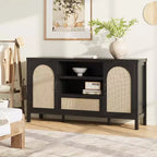 DobleePy 59 Black Rattan Buffet Cabinet with Doors, Drawer & Adjustable Shelves, Boho Farmhouse Coffee Bar Sideboard for Kitchen & Living Room