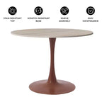 Table de salle à manger ronde LeisureMod Bristol 31 avec plateau en pierre frittée et piètement central en acier couleur cerisier pour cuisine et salle à manger modernes