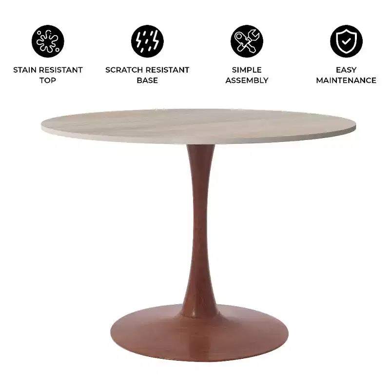 Table de salle à manger ronde LeisureMod Bristol 31 avec plateau en pierre frittée et piètement central en acier couleur cerisier pour cuisine et salle à manger modernes