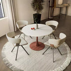 Table de salle à manger ronde LeisureMod Bristol 31 avec plateau en pierre frittée et piètement central en acier couleur cerisier pour cuisine et salle à manger modernes