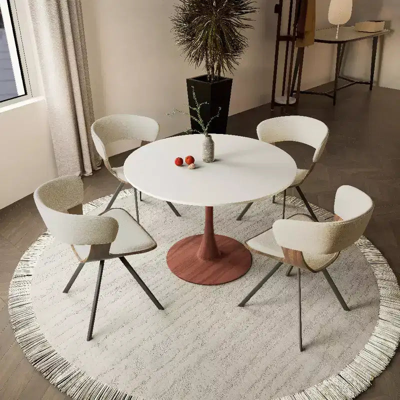 Table de salle à manger ronde LeisureMod Bristol 31 avec plateau en pierre frittée et piètement central en acier couleur cerisier pour cuisine et salle à manger modernes