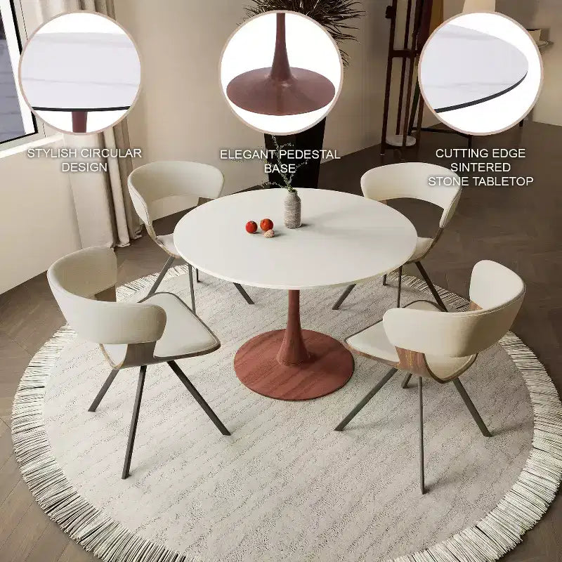 Table de salle à manger ronde LeisureMod Bristol 31 avec plateau en pierre frittée et piètement central en acier couleur cerisier pour cuisine et salle à manger modernes
