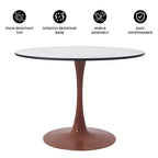 Table de salle à manger ronde LeisureMod Bristol 31 avec plateau en pierre frittée et piètement central en acier couleur cerisier pour cuisine et salle à manger modernes