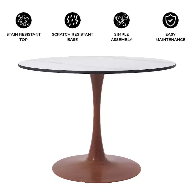 Table de salle à manger ronde LeisureMod Bristol 31 avec plateau en pierre frittée et piètement central en acier couleur cerisier pour cuisine et salle à manger modernes