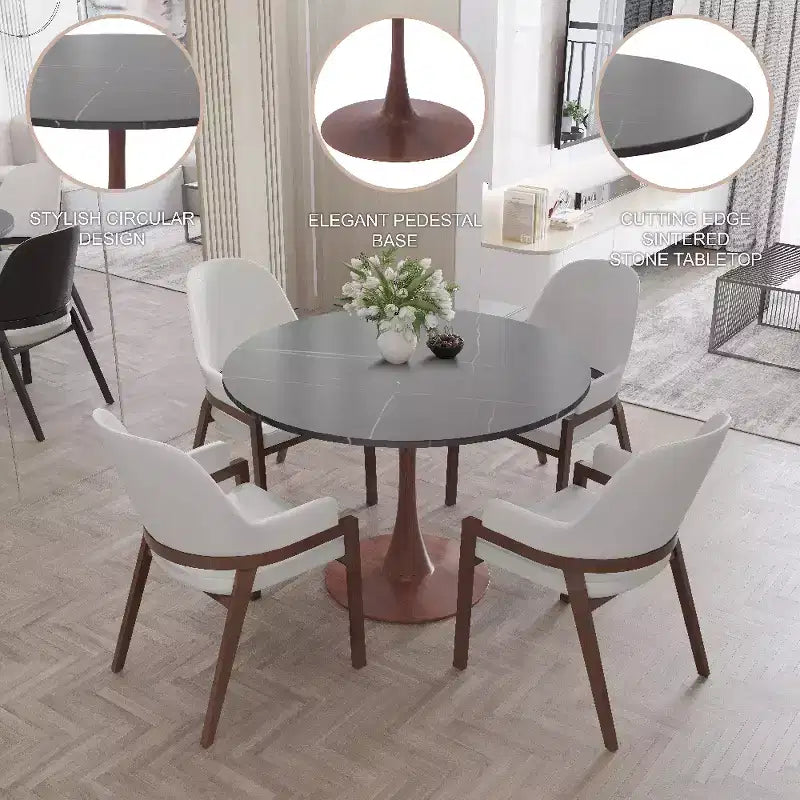 Table de salle à manger ronde LeisureMod Bristol 31 avec plateau en pierre frittée et piètement central en acier couleur cerisier pour cuisine et salle à manger modernes