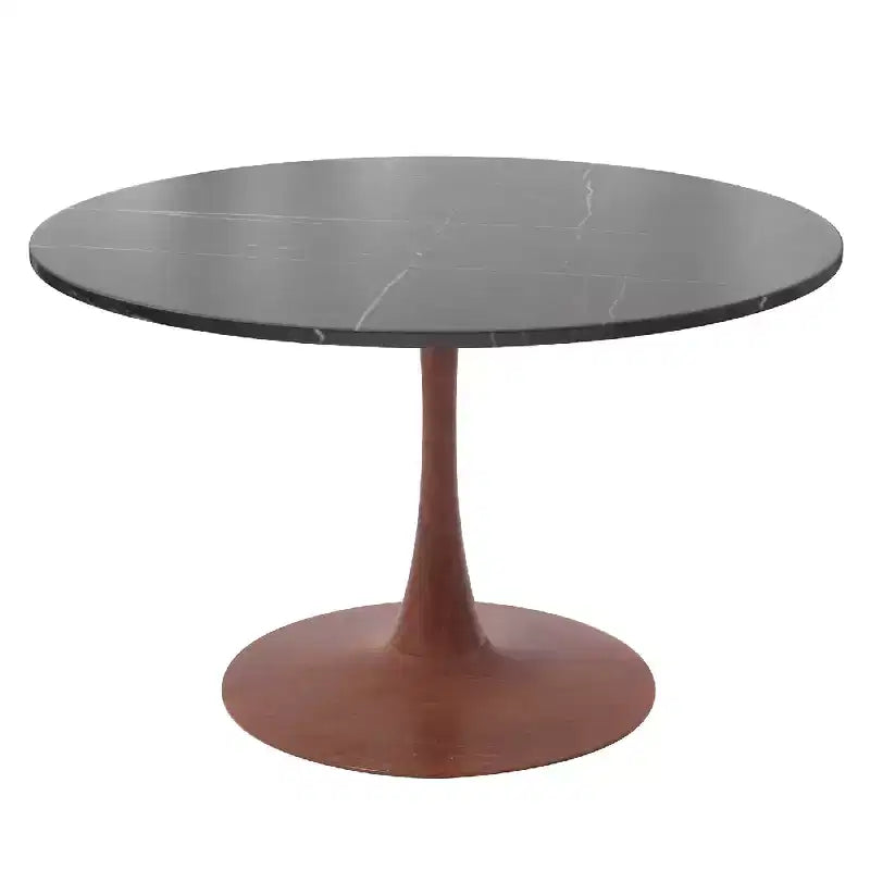 LeisureMod Bristol 31 Round Dining Table with Sintered Stone Top and Cherry Steel Pedestal Base for Modern Kitchen and Dining Room