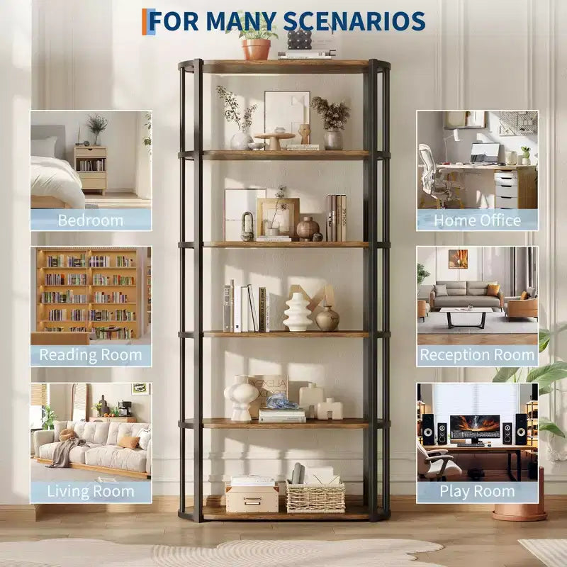 Bibliothèque haute GUSTOWAVE de 180 cm, étagère industrielle à 6 niveaux avec cadre métallique robuste, étagères de rangement de style ferme