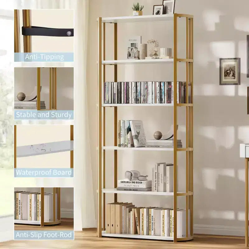 Bibliothèque haute GUSTOWAVE de 180 cm, étagère industrielle à 6 niveaux avec cadre métallique robuste, étagères de rangement de style ferme