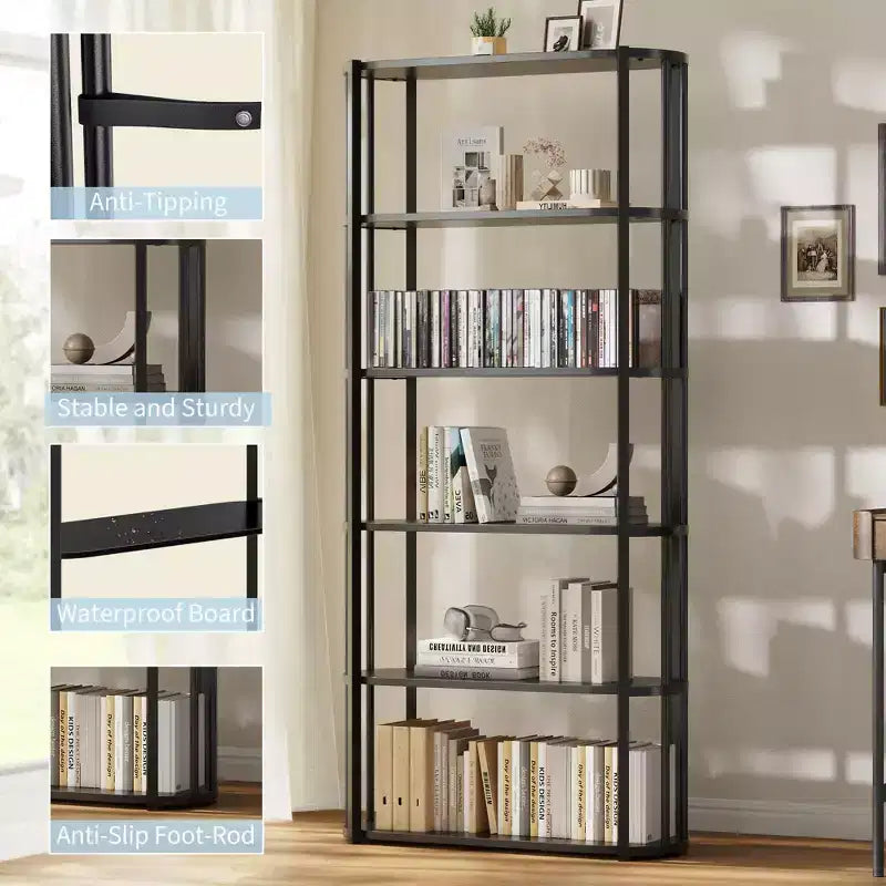 Bibliothèque haute GUSTOWAVE de 180 cm, étagère industrielle à 6 niveaux avec cadre métallique robuste, étagères de rangement de style ferme