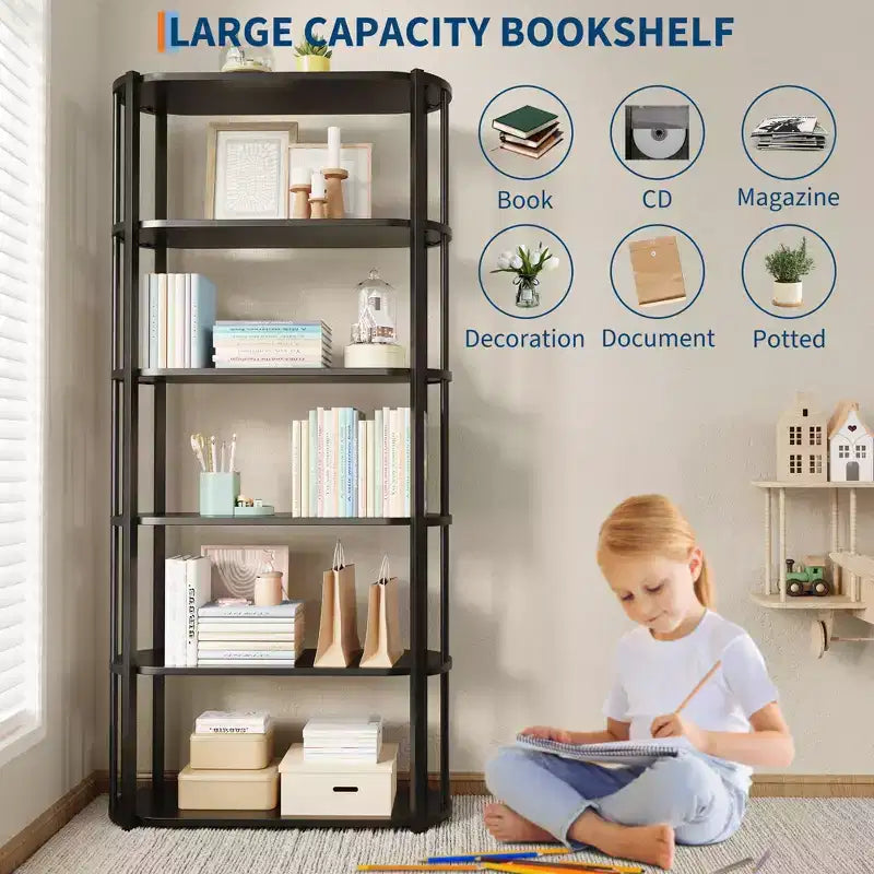 Bibliothèque haute GUSTOWAVE de 180 cm, étagère industrielle à 6 niveaux avec cadre métallique robuste, étagères de rangement de style ferme
