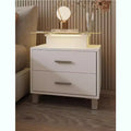 Modern White Nightstand with 2 Drawers, Glass Desktop, Charging Station and LED Lights - Ideal Bedside Table for Bedroom