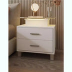 Modern White Nightstand with 2 Drawers, Glass Desktop, Charging Station and LED Lights - Ideal Bedside Table for Bedroom