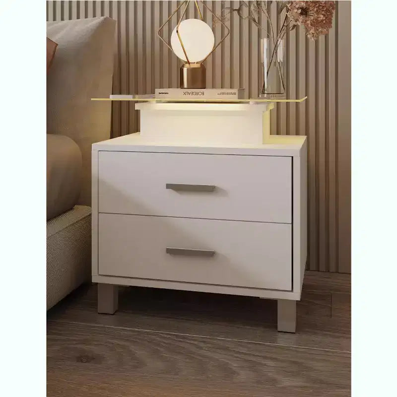 Modern White Nightstand with 2 Drawers, Glass Desktop, Charging Station and LED Lights - Ideal Bedside Table for Bedroom
