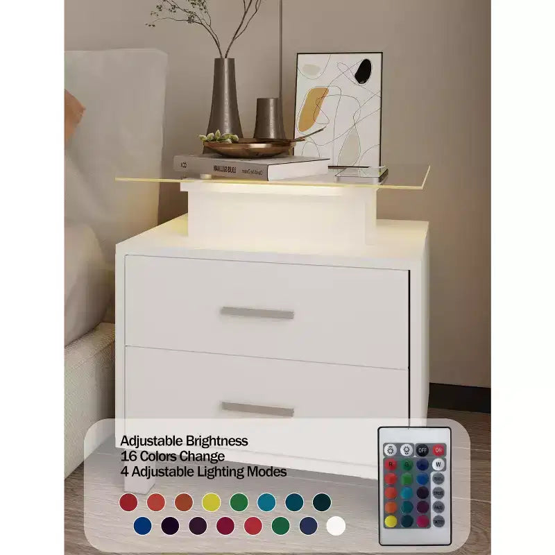 Table de chevet moderne blanche avec 2 tiroirs, plateau en verre, station de recharge et lumières LED - Idéale pour la chambre à coucher