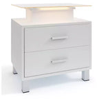 Table de chevet moderne blanche avec 2 tiroirs, plateau en verre, station de recharge et lumières LED - Idéale pour la chambre à coucher