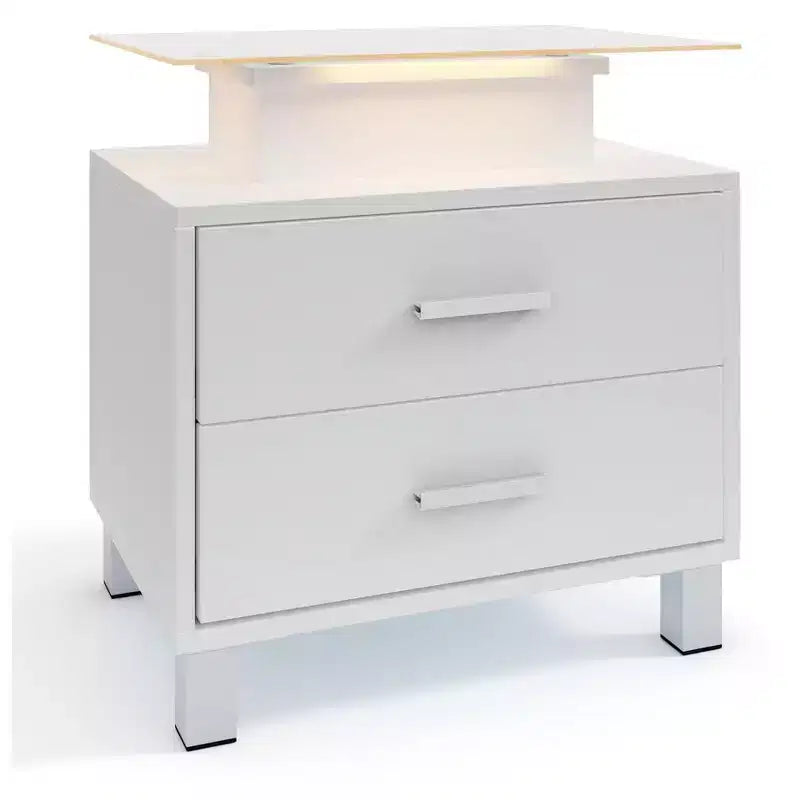 Table de chevet moderne blanche avec 2 tiroirs, plateau en verre, station de recharge et lumières LED - Idéale pour la chambre à coucher