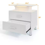 Table de chevet moderne blanche avec 2 tiroirs, plateau en verre, station de recharge et lumières LED - Idéale pour la chambre à coucher