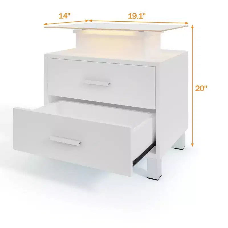 Table de chevet moderne blanche avec 2 tiroirs, plateau en verre, station de recharge et lumières LED - Idéale pour la chambre à coucher