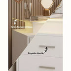 Table de chevet moderne blanche avec 2 tiroirs, plateau en verre, station de recharge et lumières LED - Idéale pour la chambre à coucher