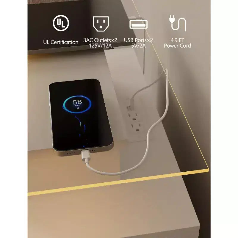 Table de chevet moderne blanche avec 2 tiroirs, plateau en verre, station de recharge et lumières LED - Idéale pour la chambre à coucher
