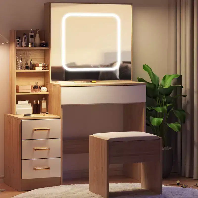 Coiffeuse avec miroir coulissant et lumières, ensemble de coiffeuse avec 4 tiroirs, tabouret, étagères ouvertes