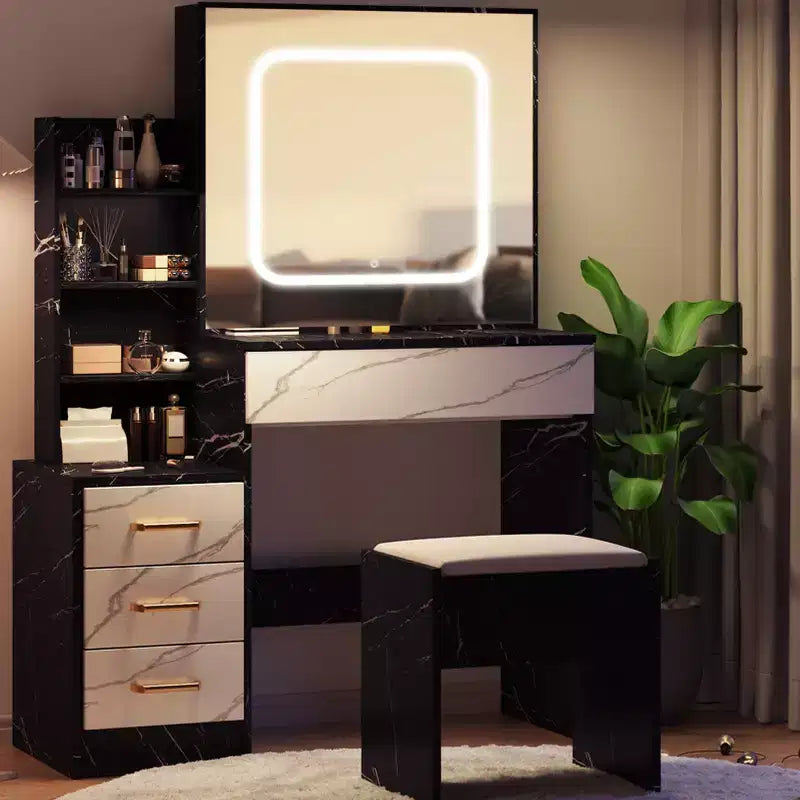 Coiffeuse avec miroir coulissant et lumières, ensemble de coiffeuse avec 4 tiroirs, tabouret, étagères ouvertes