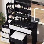 Coiffeuse avec miroir coulissant et lumières, ensemble de coiffeuse avec 4 tiroirs, tabouret, étagères ouvertes