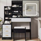 Vanity Desk with Sliding Mirror and Lights, Makeup Vanity Set with 4 Drawers, Stool, Open Shelves