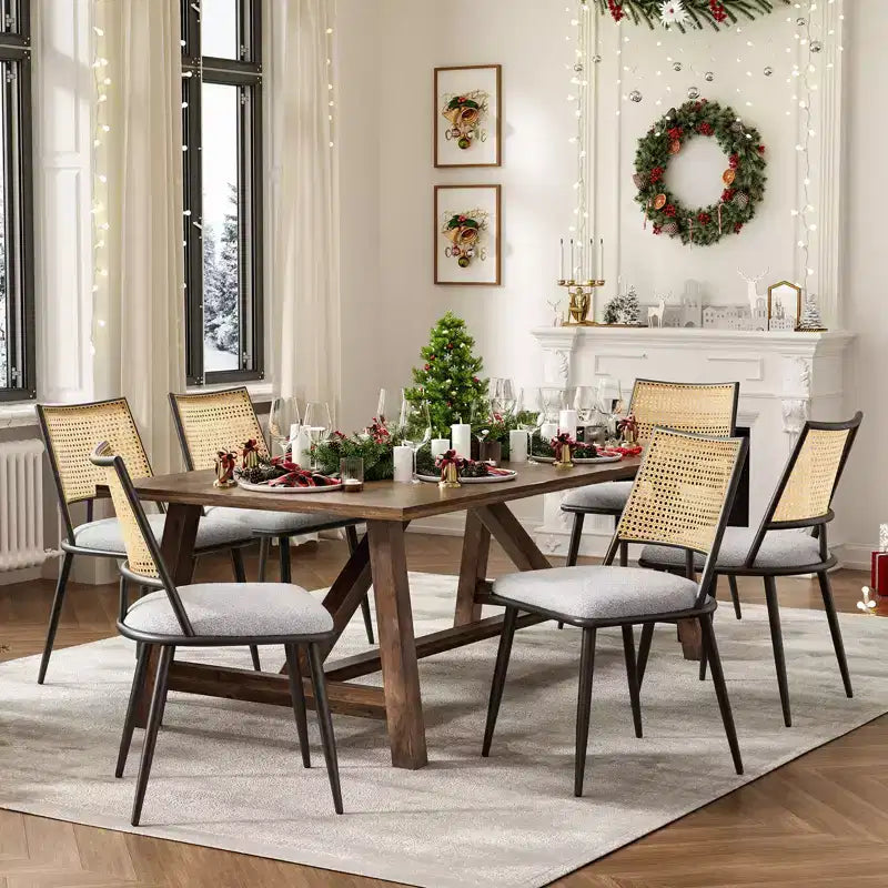 PexFix Lot de 2 chaises de salle à manger modernes du milieu du siècle, chaises de cuisine avec dossier en rotin et cadre en métal, chaises d'appoint rembourrées en tissu bouclé, blanc