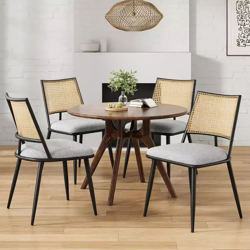 PexFix Lot de 2 chaises de salle à manger modernes du milieu du siècle, chaises de cuisine avec dossier en rotin et cadre en métal, chaises d'appoint rembourrées en tissu bouclé, blanc