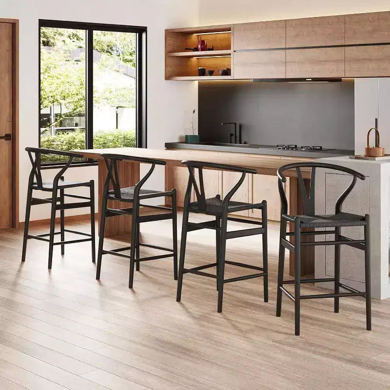 PexFix Tabouret de bar Wishbone entièrement assemblé, hauteur comptoir, tressé, pour îlot de cuisine, noir