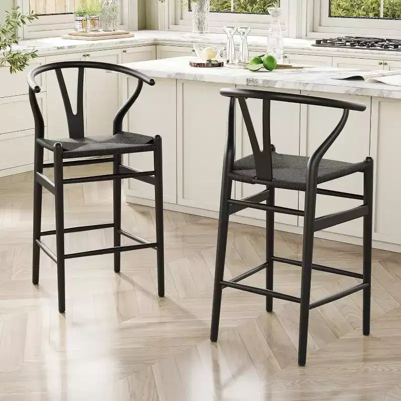 PexFix Tabouret de bar Wishbone entièrement assemblé, hauteur comptoir, tressé, pour îlot de cuisine, noir