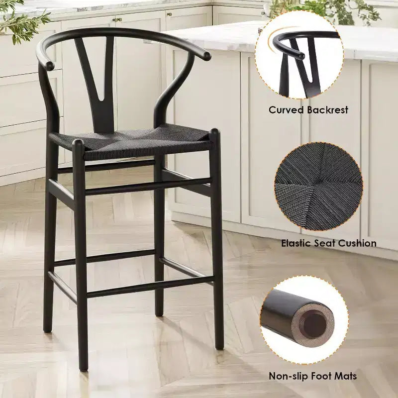 PexFix Tabouret de bar Wishbone entièrement assemblé, hauteur comptoir, tressé, pour îlot de cuisine, noir