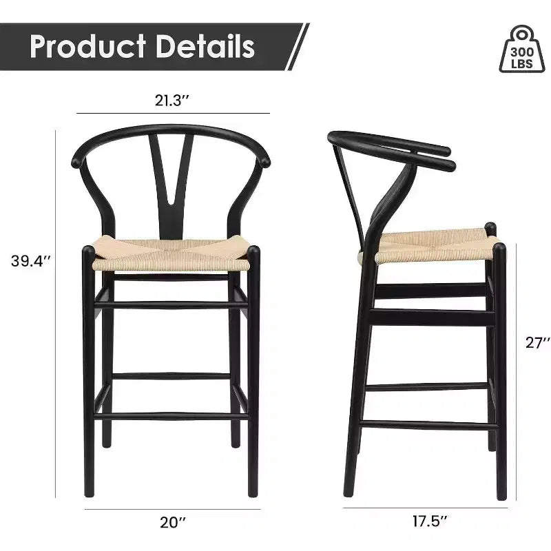 PexFix Tabouret de bar Wishbone entièrement assemblé, hauteur comptoir tressé pour îlot de cuisine, beige