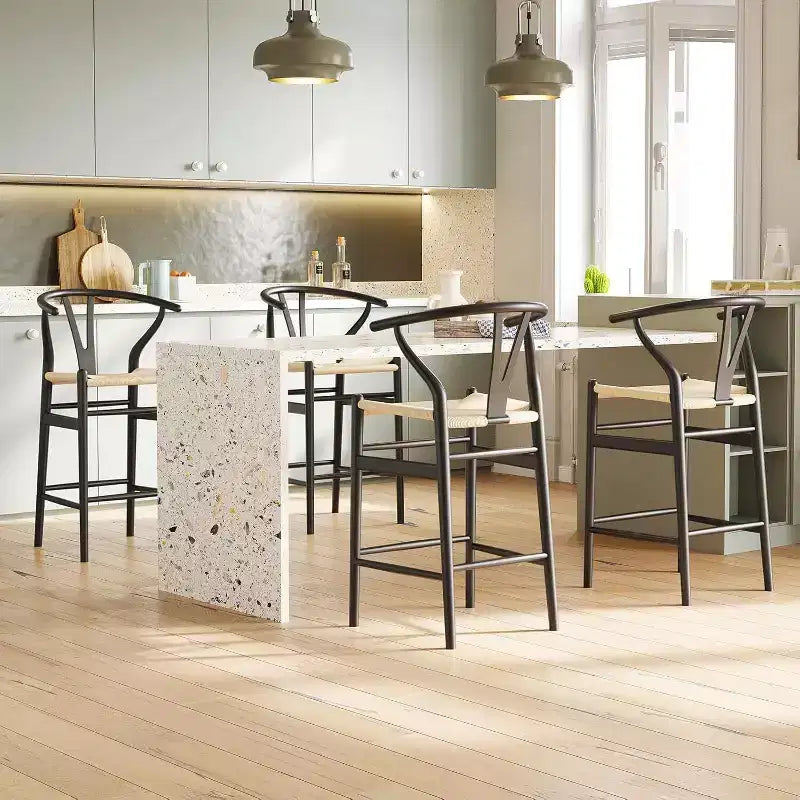 PexFix Tabouret de bar Wishbone entièrement assemblé, hauteur comptoir tressé pour îlot de cuisine, beige