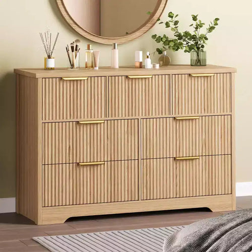 47.24 Fluted Dresser for Bedroom with 7 Drawers, Wooden Long Dresser w/ Metal Handle, Furniture Dresser TV Stand Wood