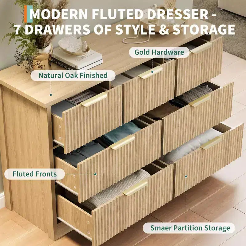 Commode cannelée de 47,24 po pour chambre à coucher avec 7 tiroirs, commode longue en bois avec poignée en métal, meuble commode meuble TV en bois