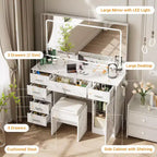 Coiffeuse GustoWave avec Grand Miroir et Lumières, Coiffeuse de Maquillage avec Prise de Courant, 7 Tiroirs et Tabouret Rembourré, Table de Maquillage