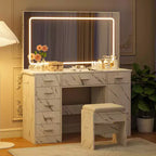 Coiffeuse GustoWave avec Grand Miroir et Lumières, Coiffeuse de Maquillage avec Prise de Courant, 7 Tiroirs et Tabouret Rembourré, Table de Maquillage