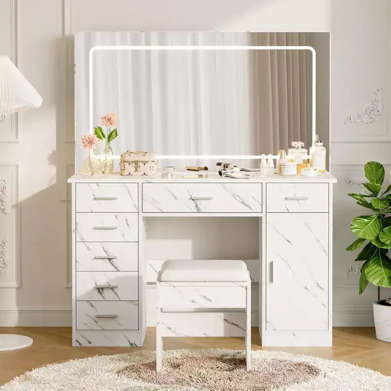 Coiffeuse GustoWave avec Grand Miroir et Lumières, Coiffeuse de Maquillage avec Prise de Courant, 7 Tiroirs et Tabouret Rembourré, Table de Maquillage
