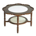Zeus & Ruta Mid-Century 2-Tiered Coffee Table with White Crackle Glass Top and Rattan Shelf, Petal Design, Walnut Finish, 31.5''
