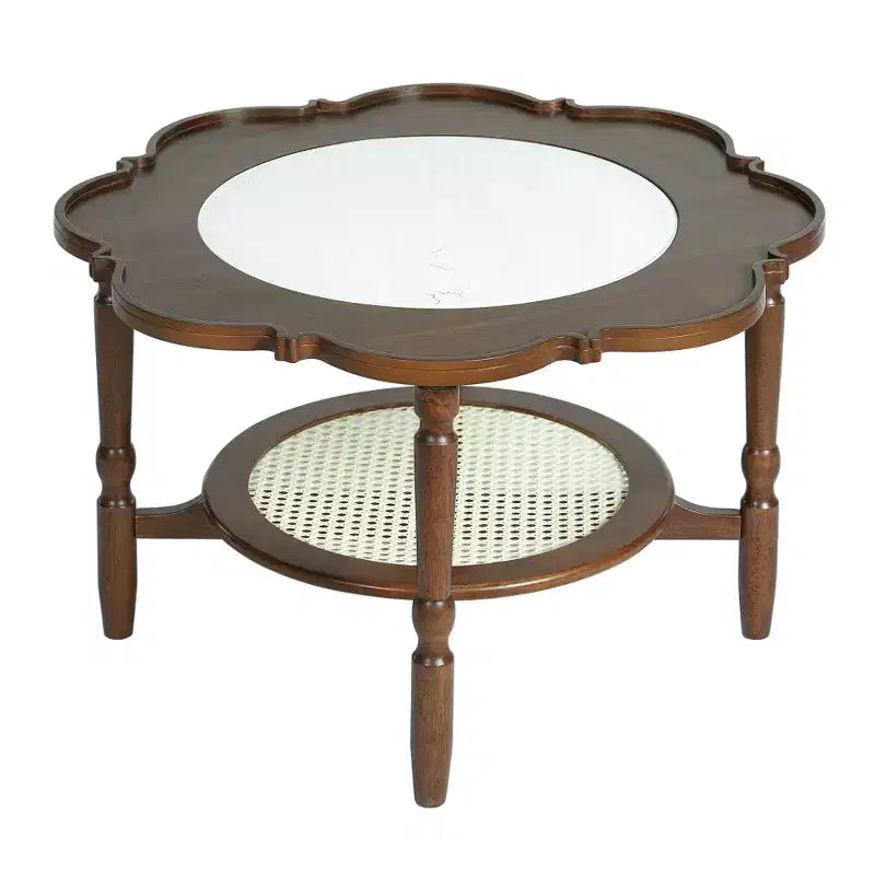Zeus & Ruta Mid-Century 2-Tiered Coffee Table with White Crackle Glass Top and Rattan Shelf, Petal Design, Walnut Finish, 31.5''