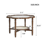 Table basse à 2 niveaux Zeus & Ruta de style Mid-Century avec plateau en verre craquelé blanc et étagère en rotin, motif pétales, finition noyer, 80 cm