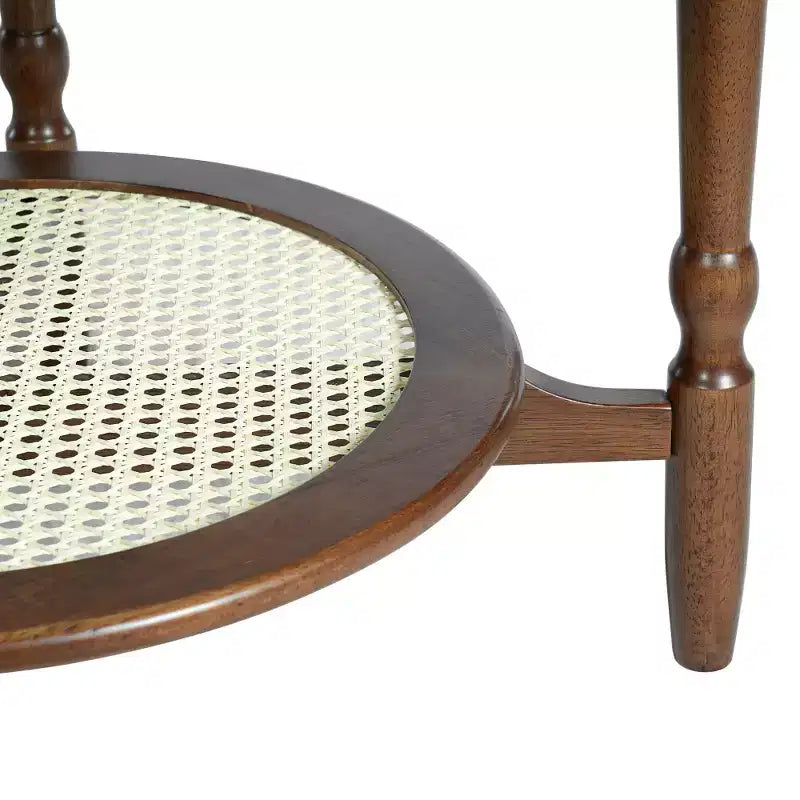 Table basse à 2 niveaux Zeus & Ruta de style Mid-Century avec plateau en verre craquelé blanc et étagère en rotin, motif pétales, finition noyer, 80 cm