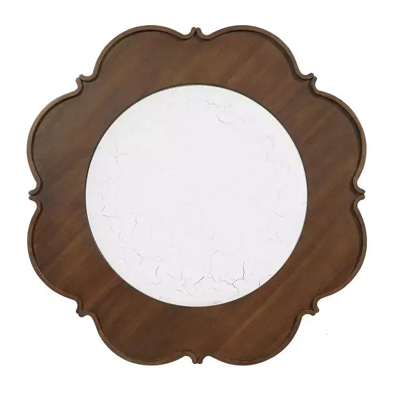 Table basse à 2 niveaux Zeus & Ruta de style Mid-Century avec plateau en verre craquelé blanc et étagère en rotin, motif pétales, finition noyer, 80 cm